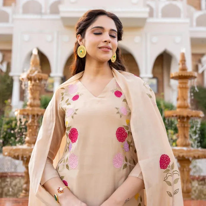 Elegant Beige Floral Embroidered Salwar Suit Set