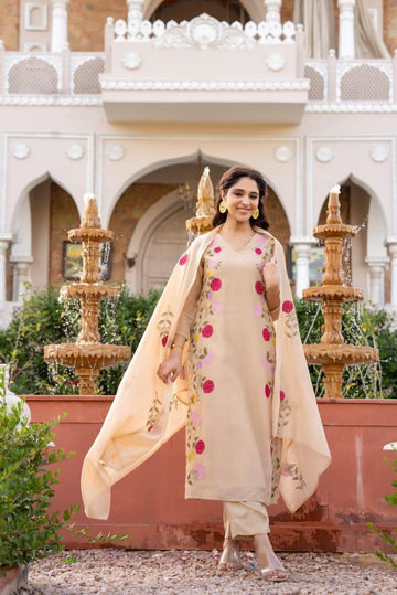 Elegant Beige Floral Embroidered Salwar Suit Set