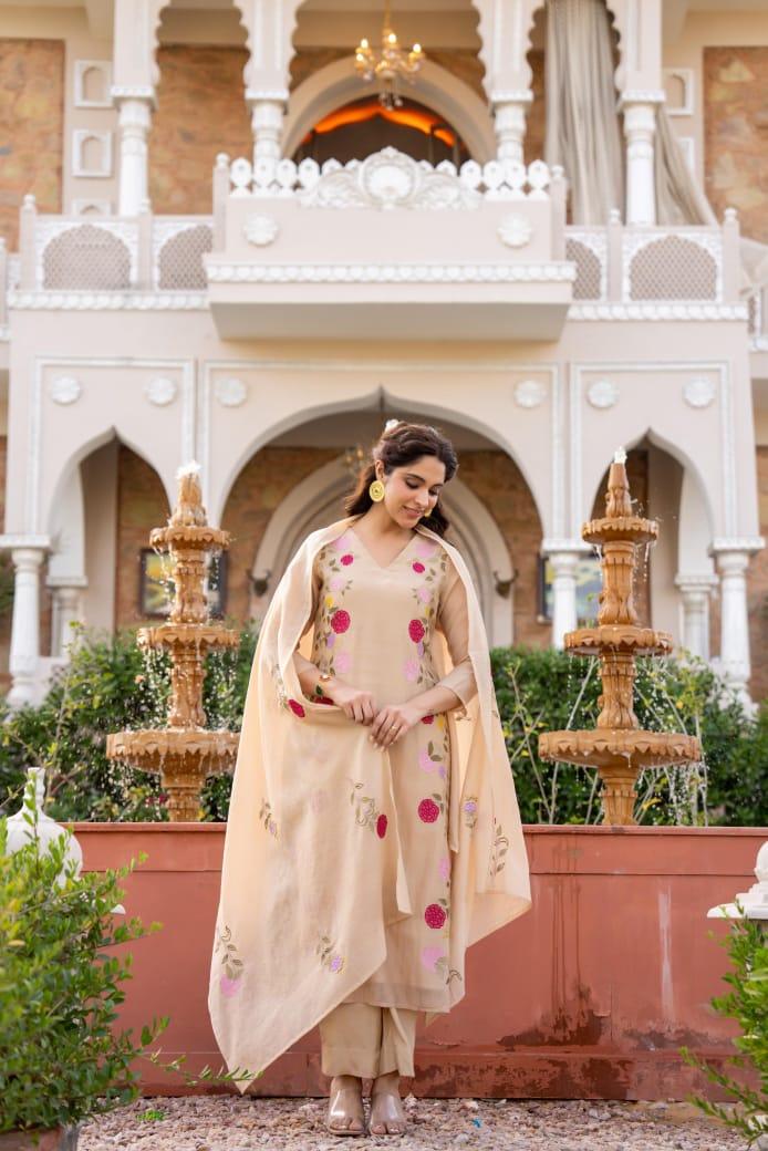 Elegant Beige Floral Embroidered Salwar Suit Set