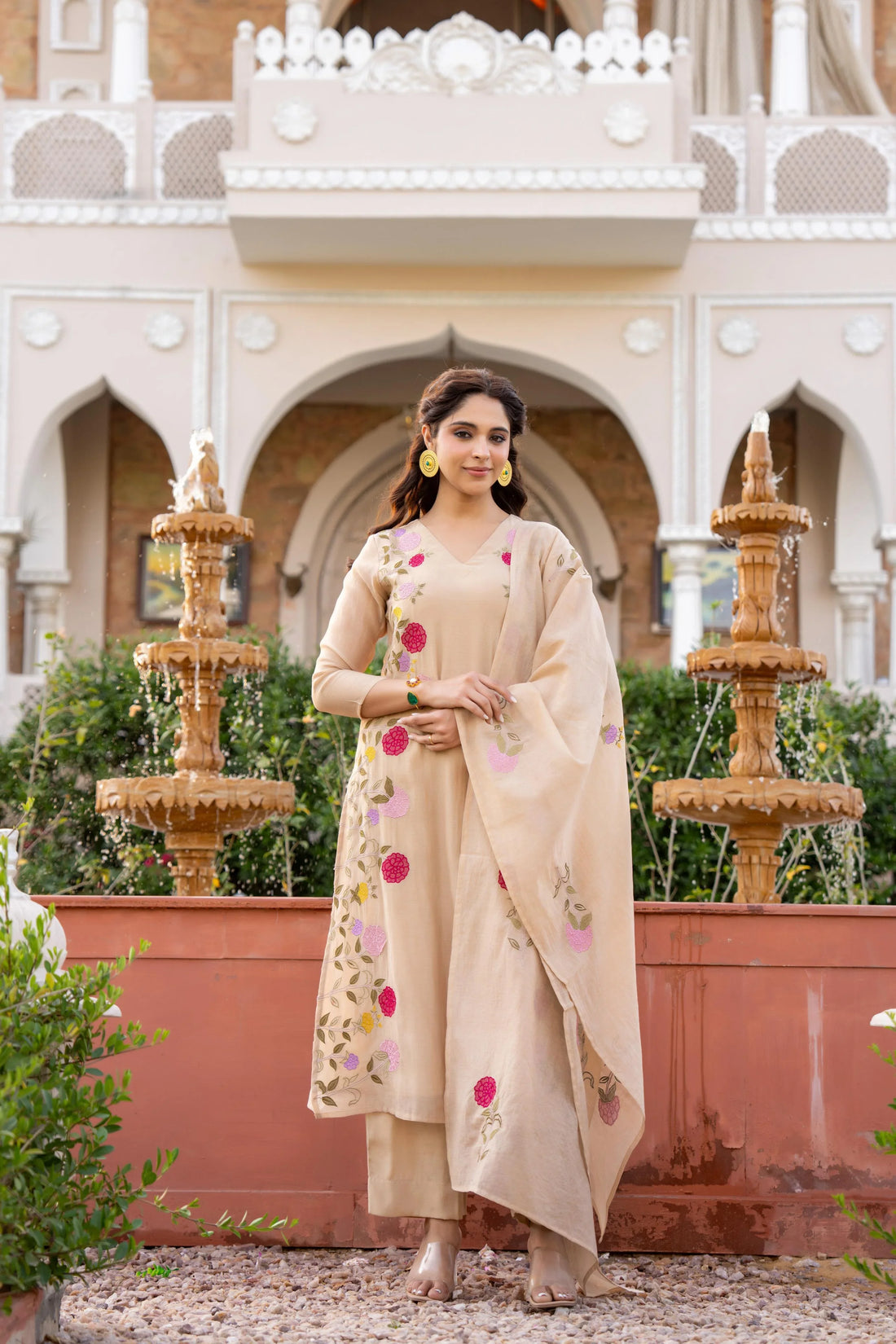 Elegant Beige Floral Embroidered Salwar Suit Set