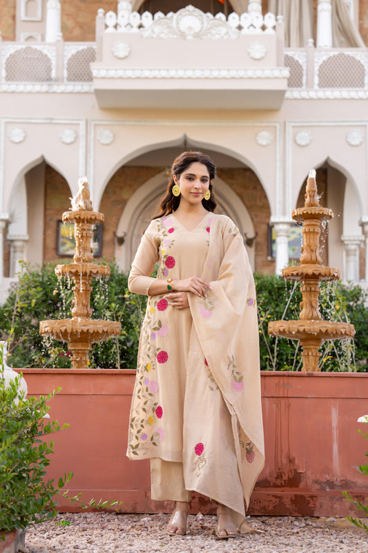 Beige Mul Cotton Suit Set with Colorful Floral Thread Embroidery and Dupatta