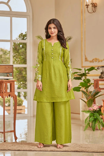 Olive Green Embroidered Palazzo Set