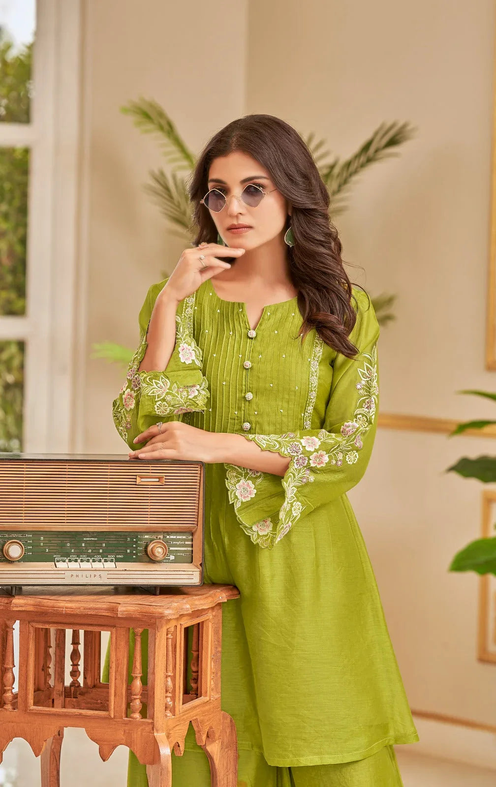 Olive Green Embroidered Palazzo Set