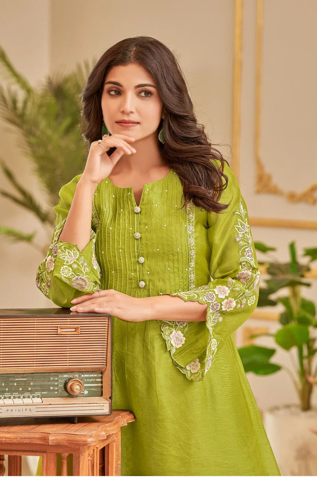 Olive Green Embroidered Palazzo Set