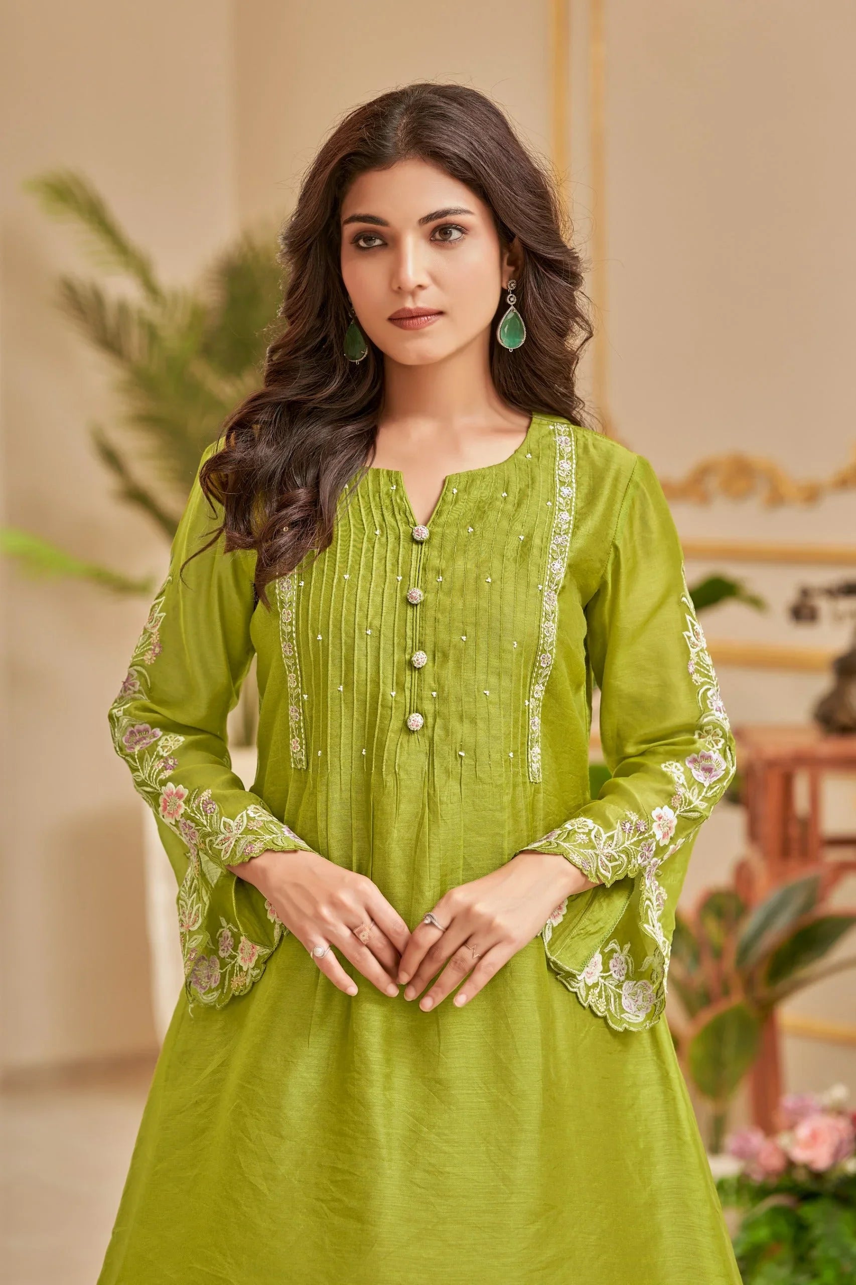 Olive Green Embroidered Palazzo Set