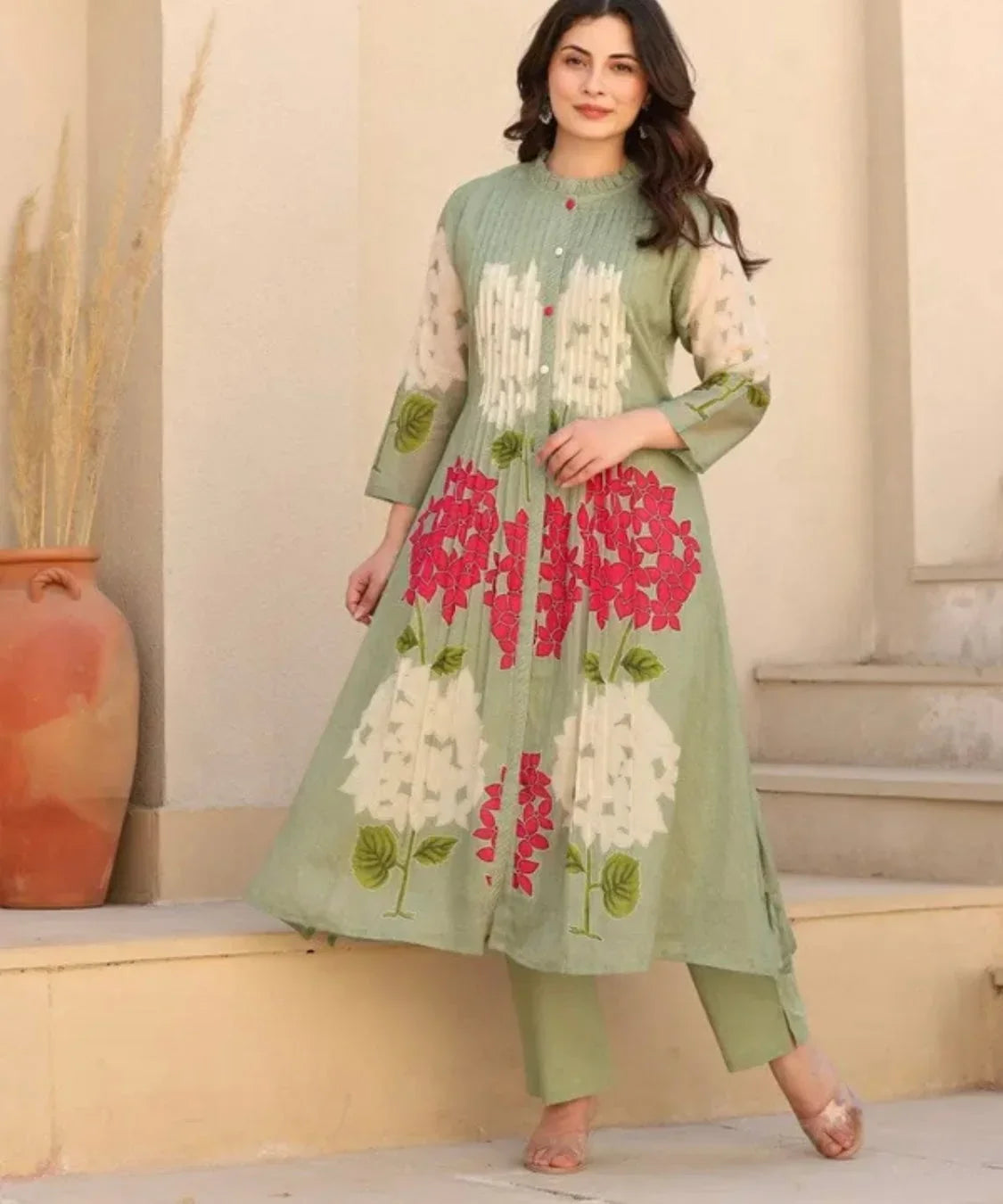 Sage Green Floral Printed Kurta Set
