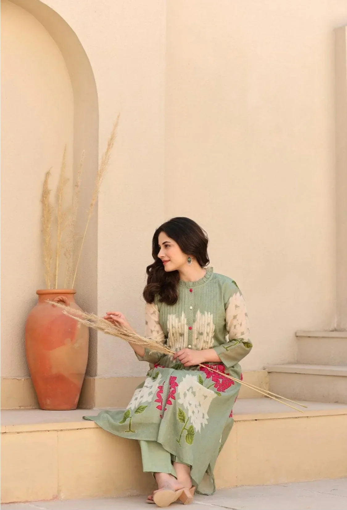 Sage Green Floral Printed Kurta Set