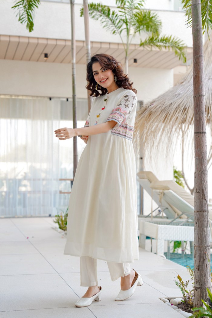 Ivory Embroidered Cotton Kurta Set