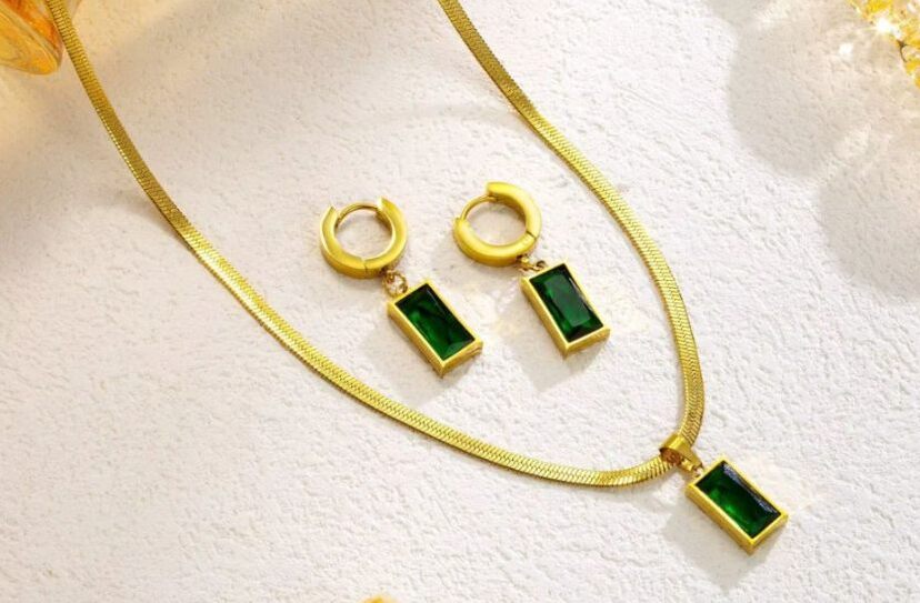 Gold Plated Emerald Green Pendant Necklace Set