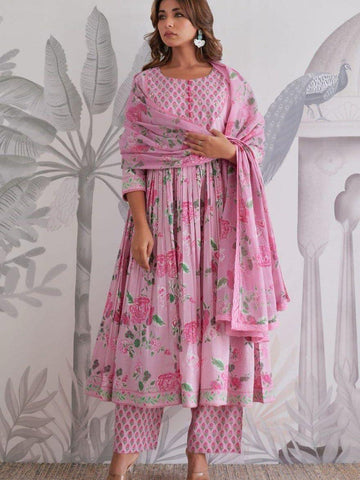 Blush Pink Floral Printed Anarkali Suit Set