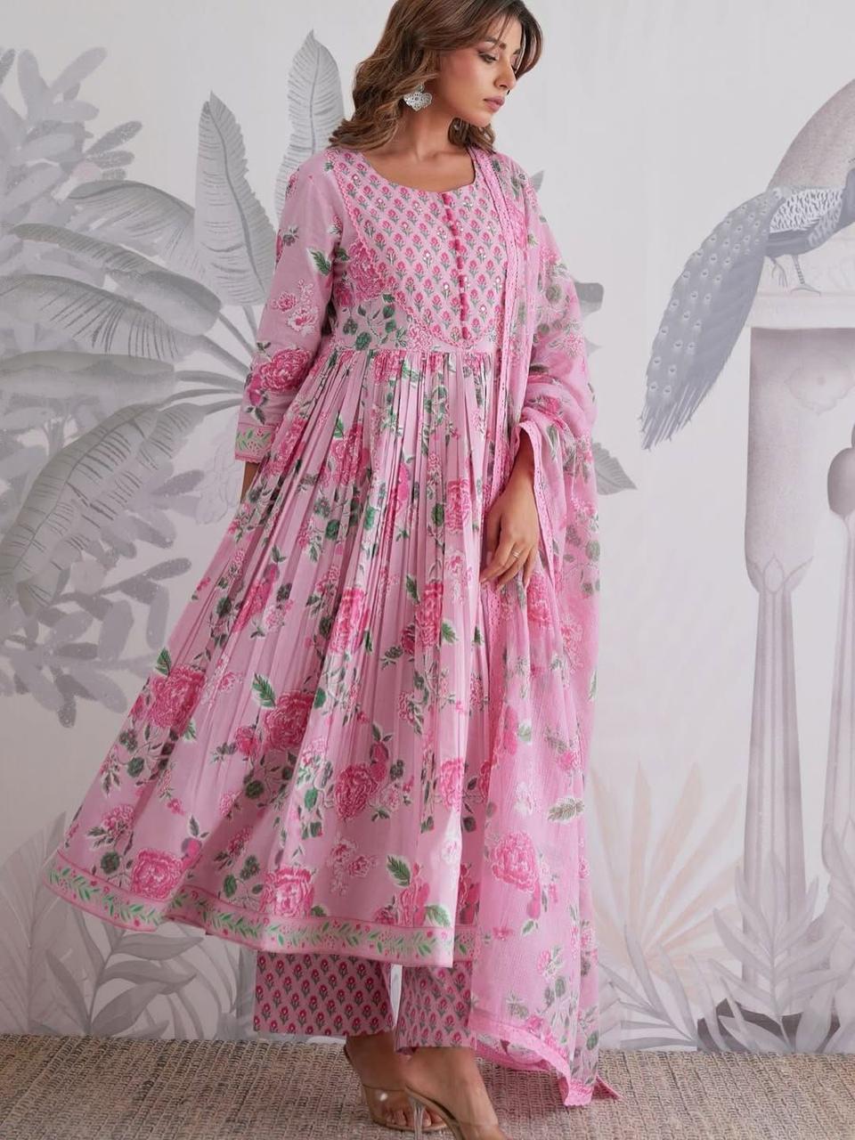 Blush Pink Floral Printed Anarkali Suit Set