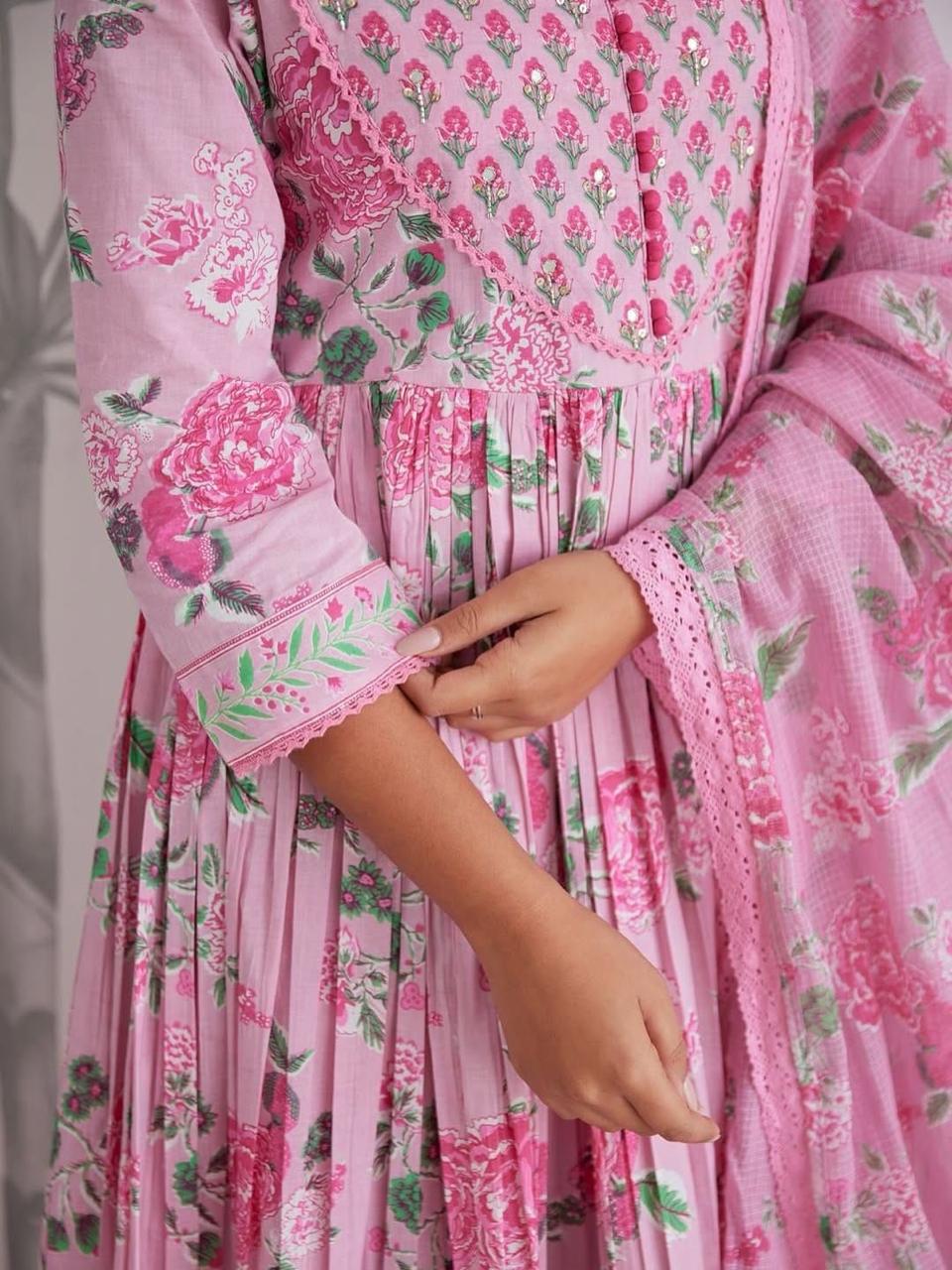Blush Pink Floral Printed Anarkali Suit Set