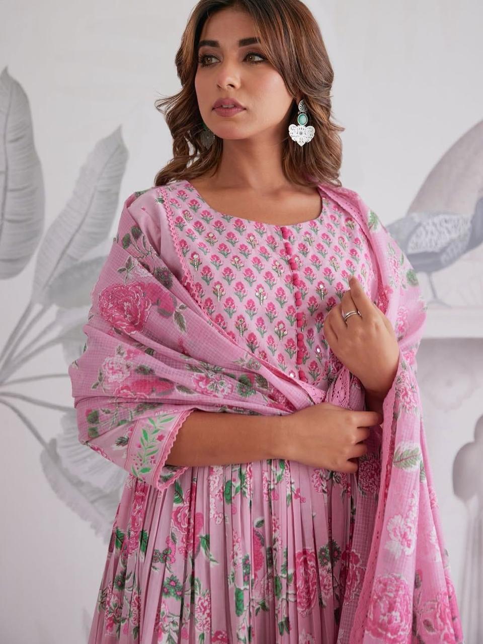 Blush Pink Floral Printed Anarkali Suit Set