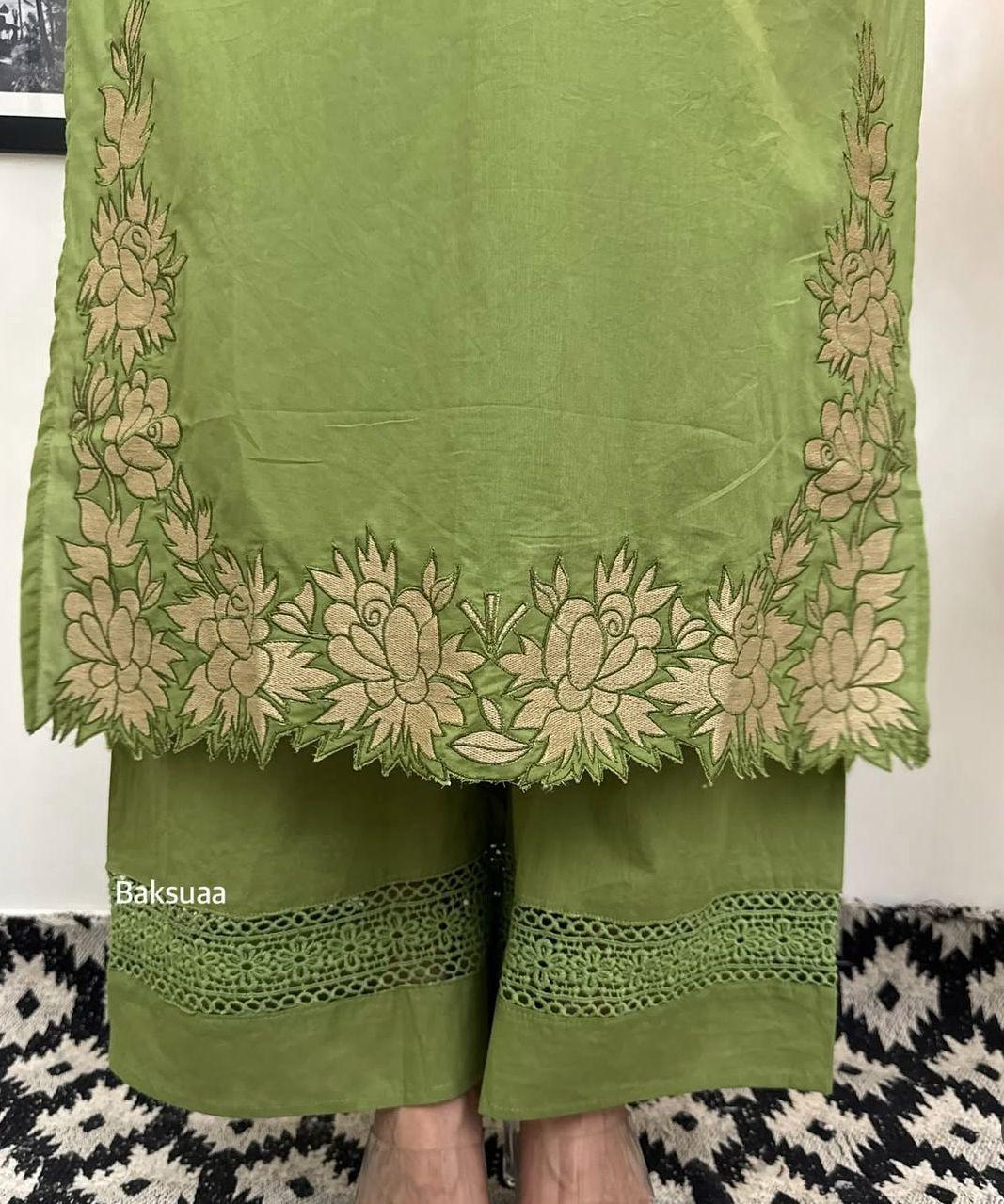Green Embroidered Cotton Salwar Suit Set