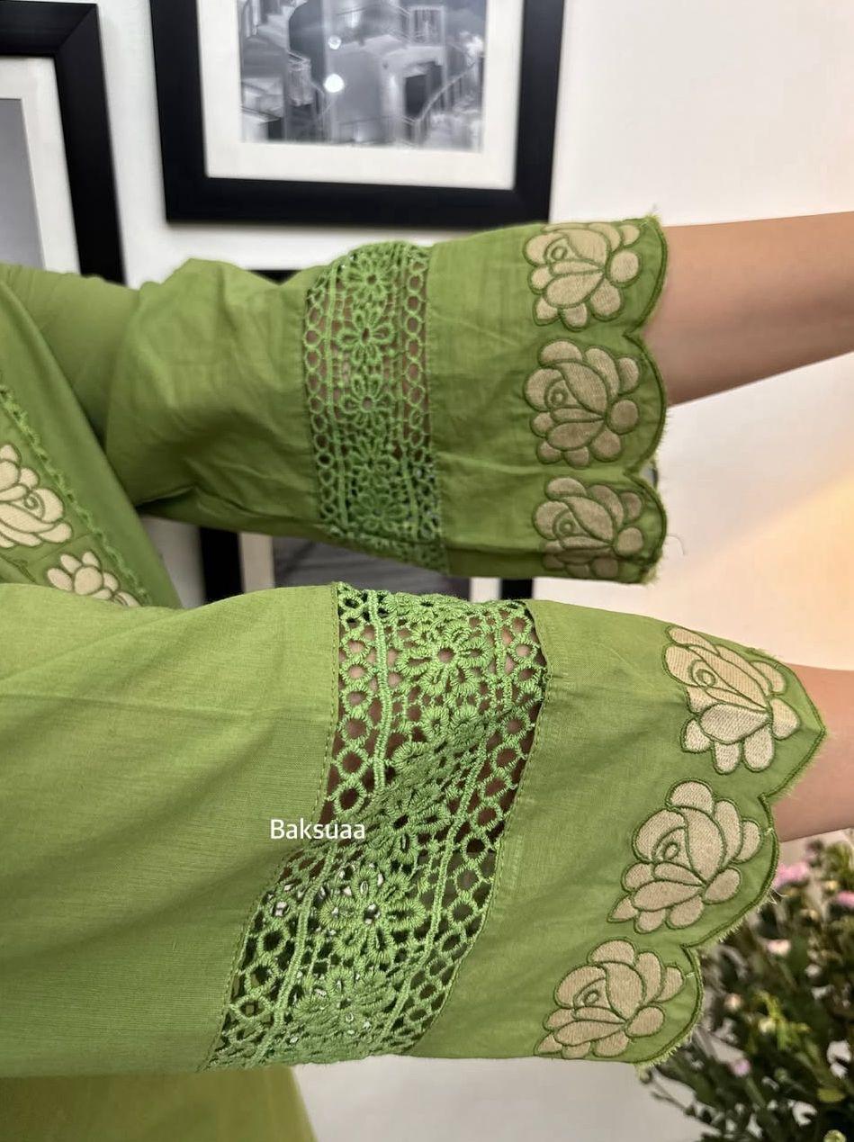 Green Embroidered Cotton Salwar Suit Set