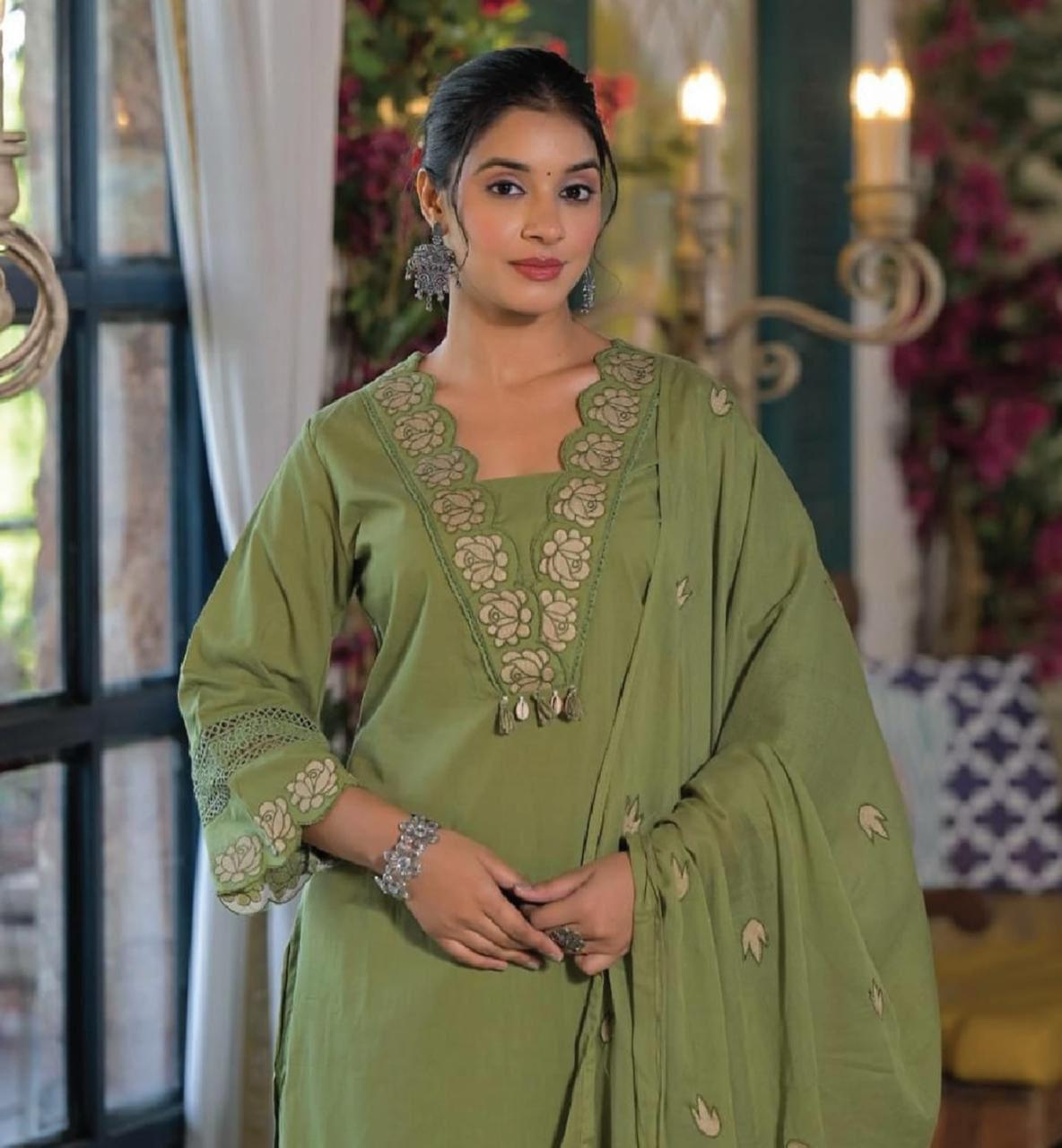Green Embroidered Cotton Salwar Suit Set