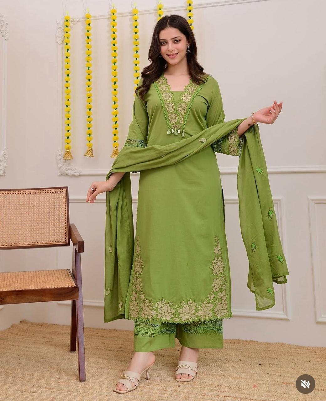 Green Embroidered Cotton Salwar Suit Set