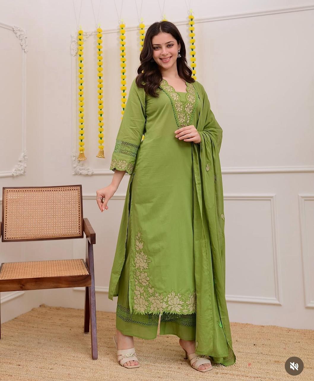 Green Embroidered Cotton Salwar Suit Set