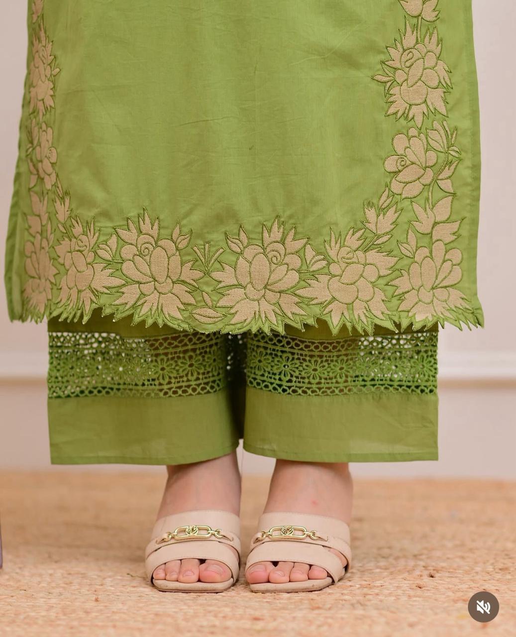 Green Embroidered Cotton Salwar Suit Set