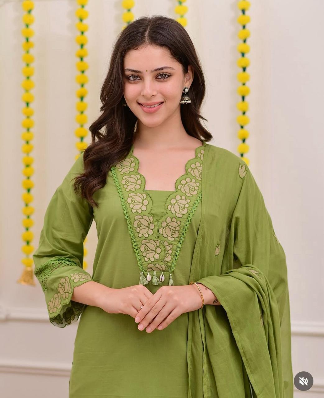Green Embroidered Cotton Salwar Suit Set