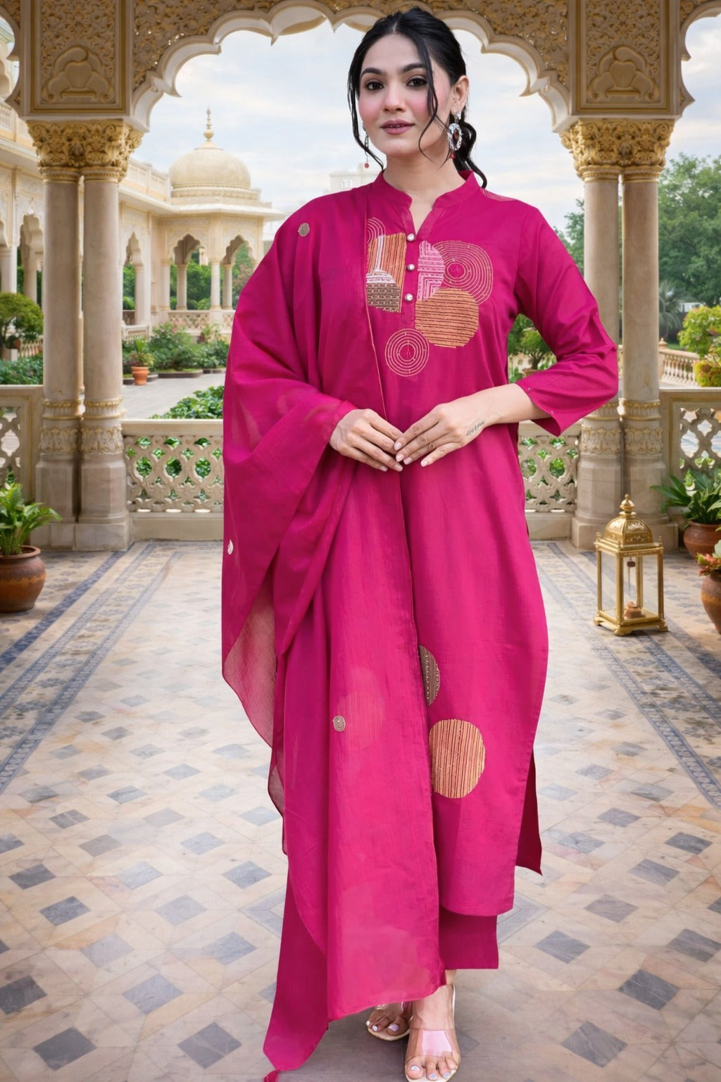 Magenta Embroidered Straight Cut Salwar Suit Set