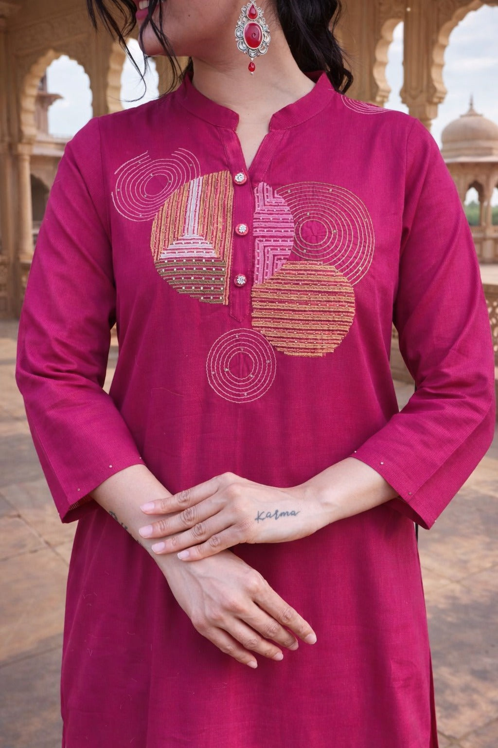Magenta Embroidered Straight Cut Salwar Suit Set