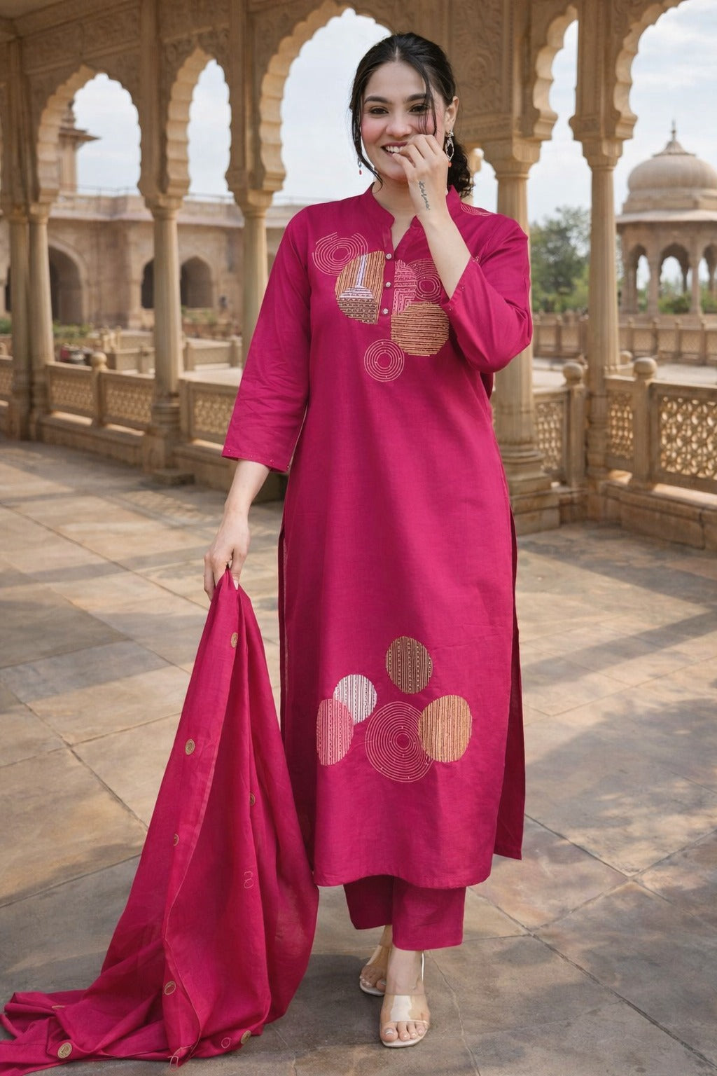 Magenta Embroidered Straight Cut Salwar Suit Set