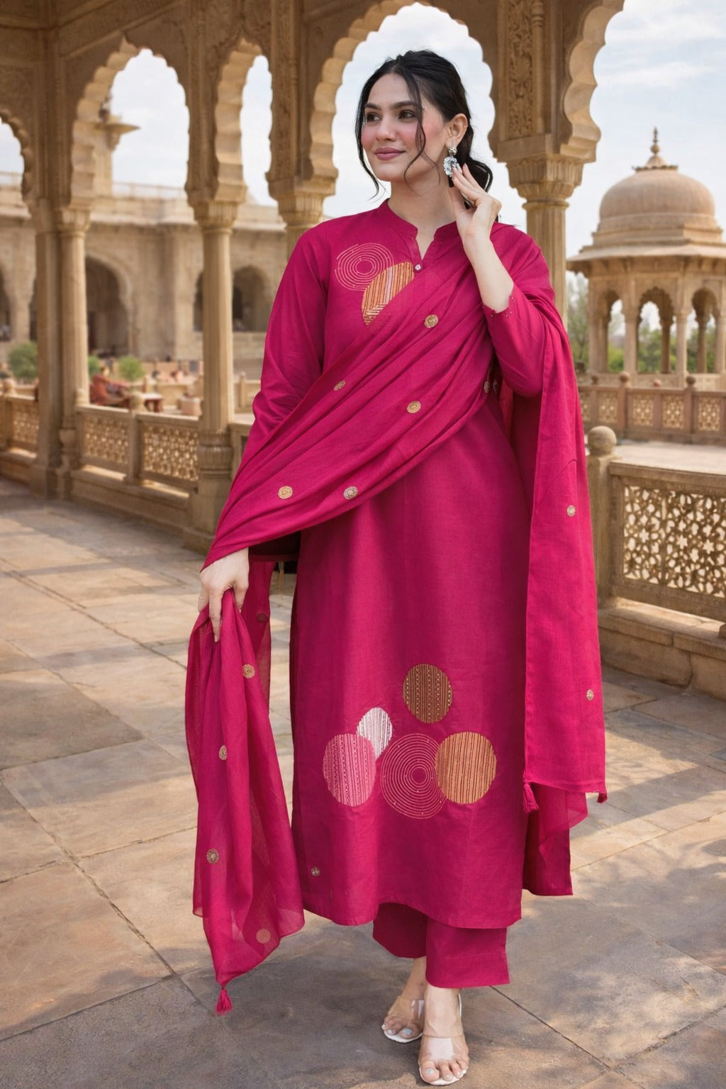 Magenta Embroidered Straight Cut Salwar Suit Set