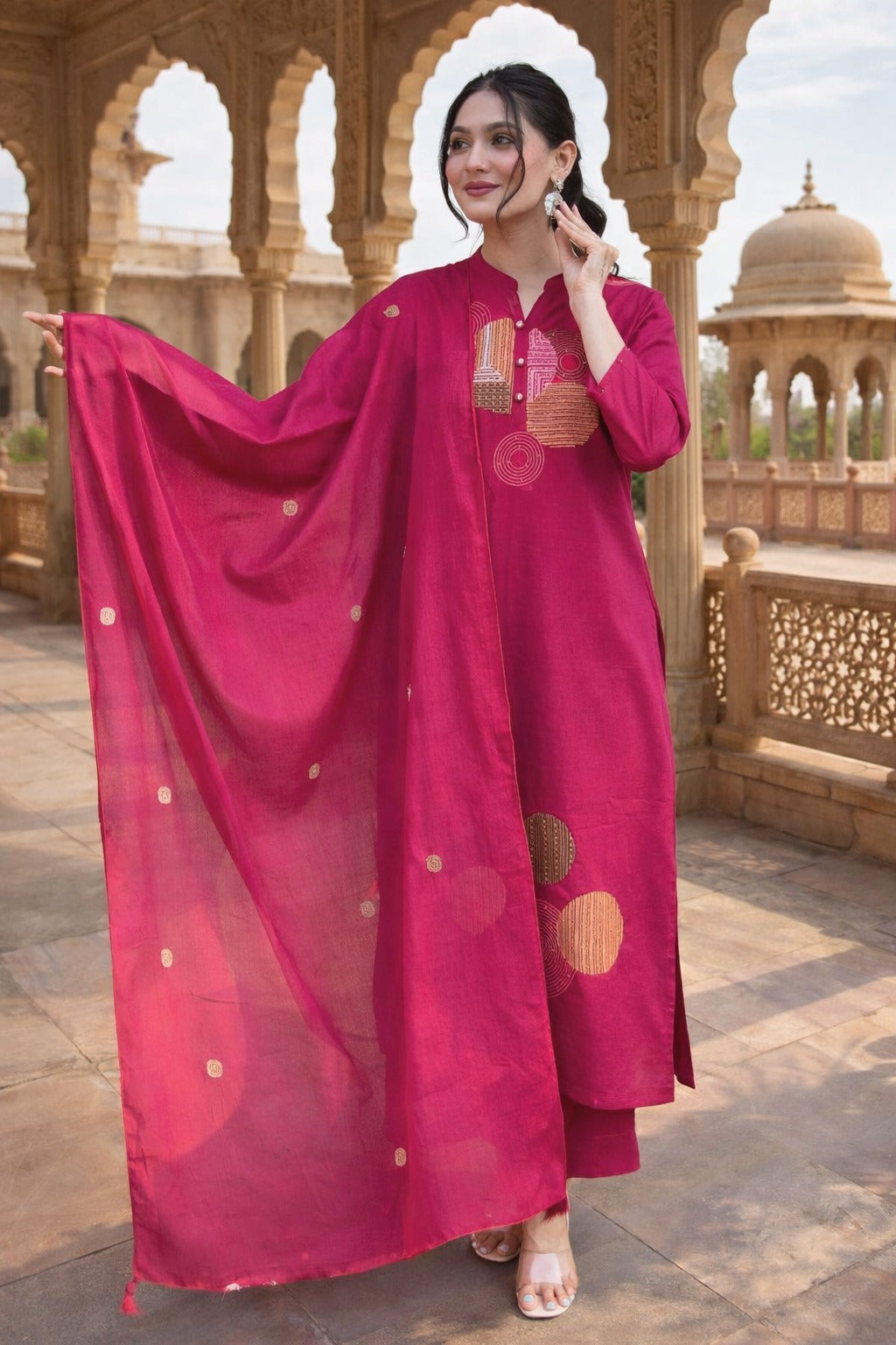 Magenta Embroidered Straight Cut Salwar Suit Set