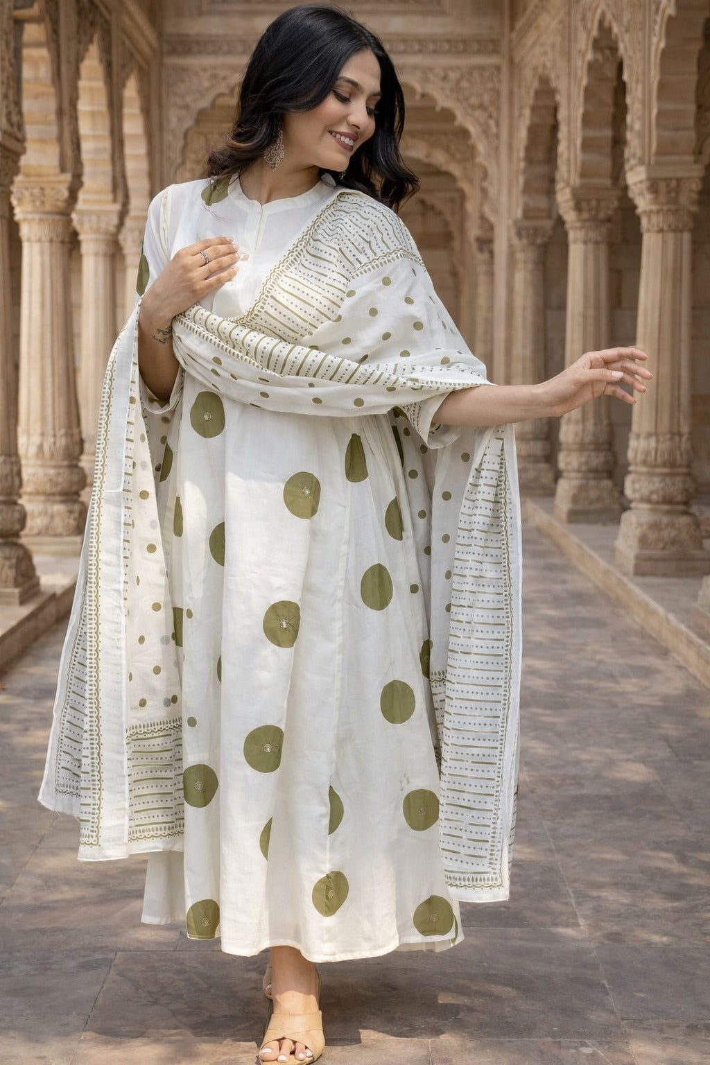 Elegant Ivory Polka Dot Anarkali Suit Set