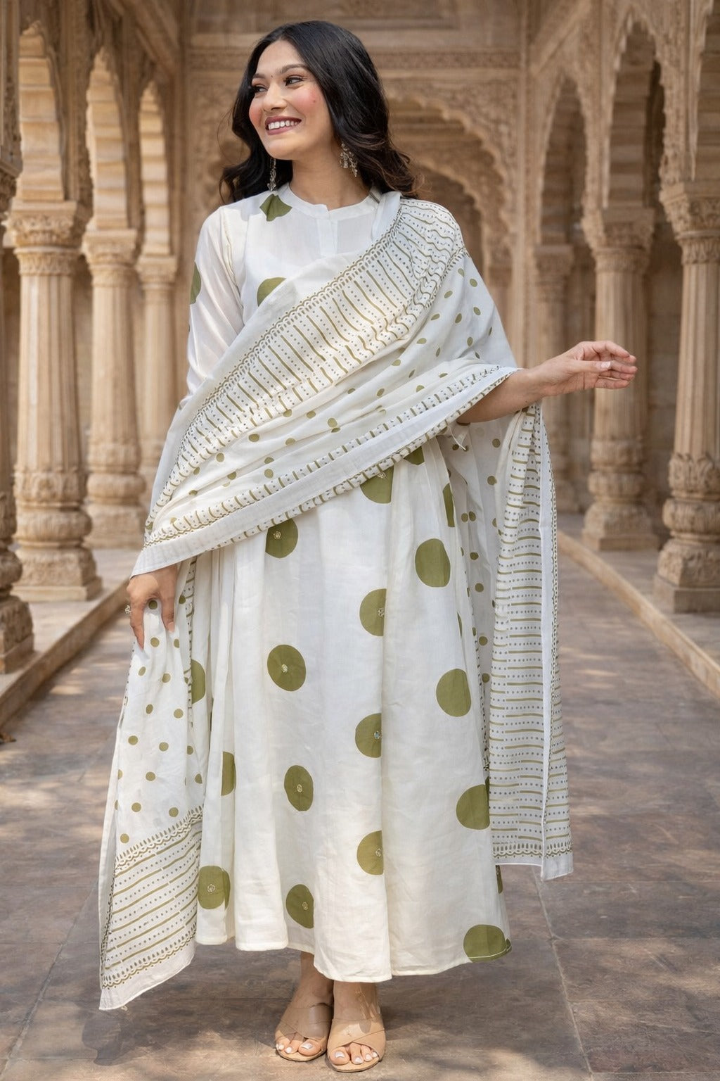 Elegant Ivory Polka Dot Anarkali Suit Set