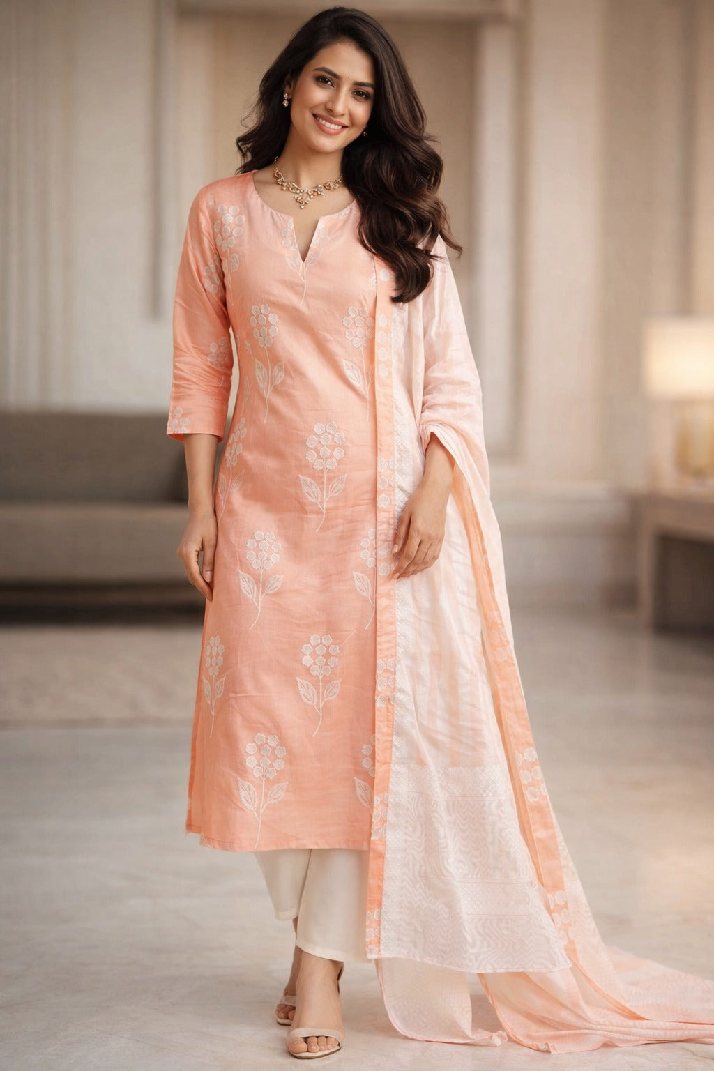 Alia Bhatt Peach Floral Embroidered Straight Salwar Suit Set