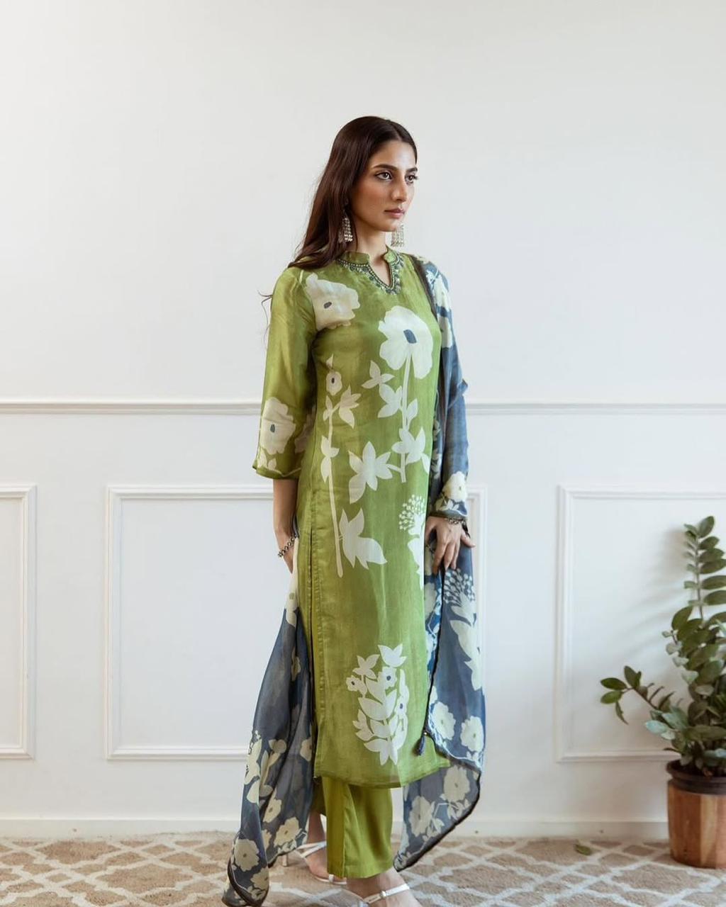 Olive Green Floral Print Straight Salwar Suit Set