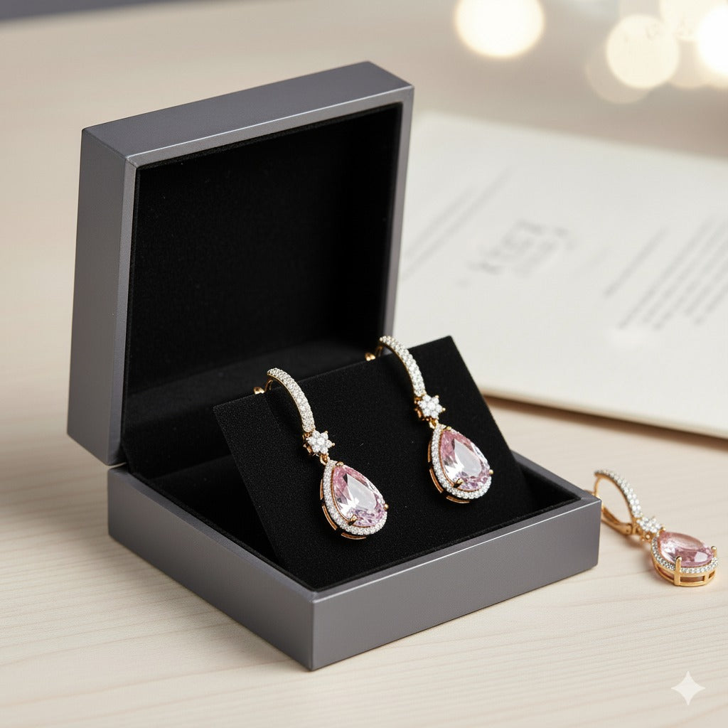 Elegant Pink Teardrop Crystal Dangle Earring