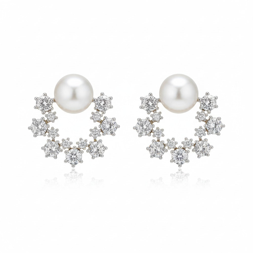 Elegant Pearl & Zircon Floral Stud Earring