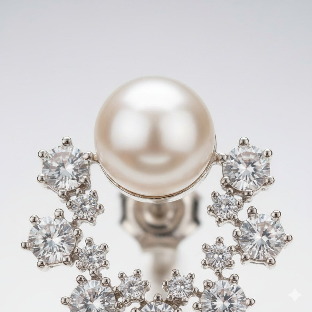 Elegant Pearl & Zircon Floral Stud Earring
