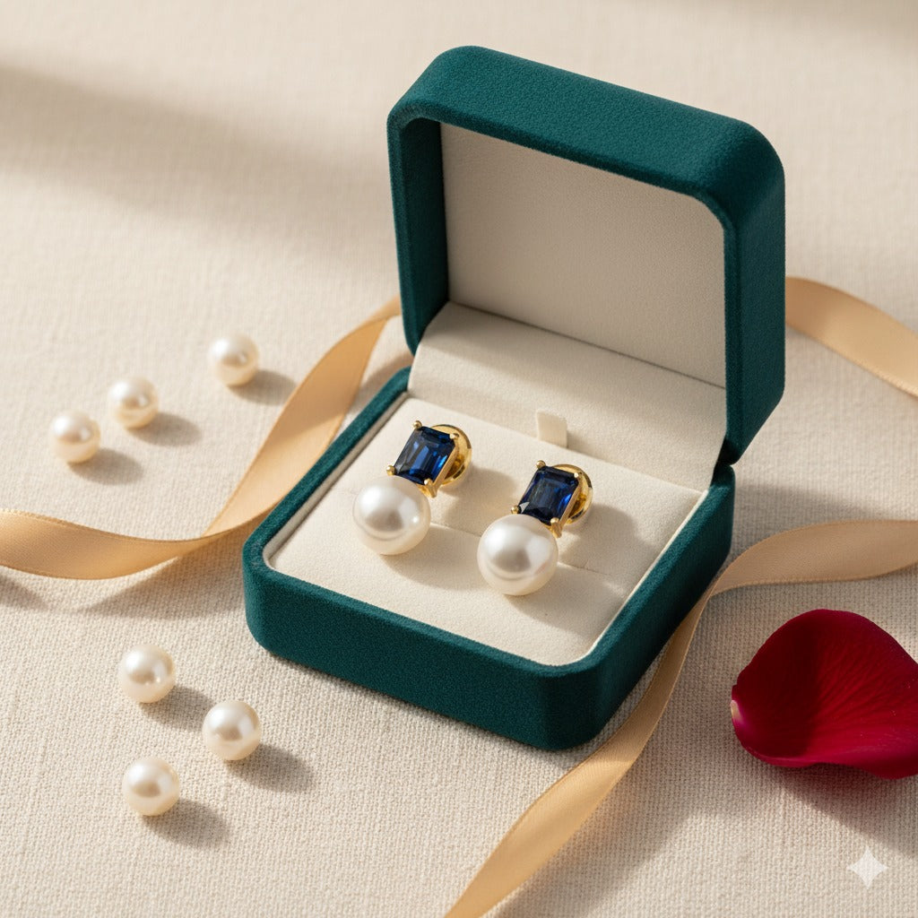 Gold-Plated Navy Blue Crystal & Pearl Stud Earring