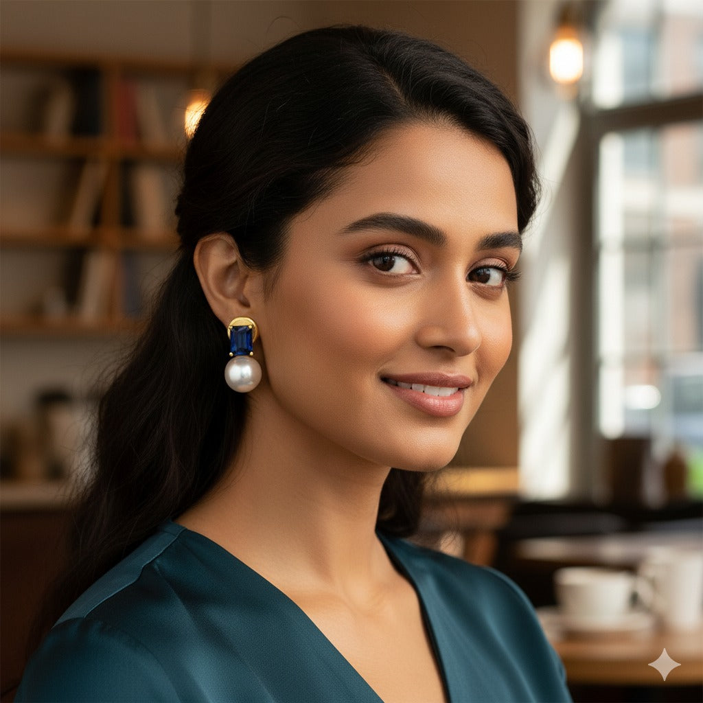 Gold-Plated Navy Blue Crystal & Pearl Stud Earring