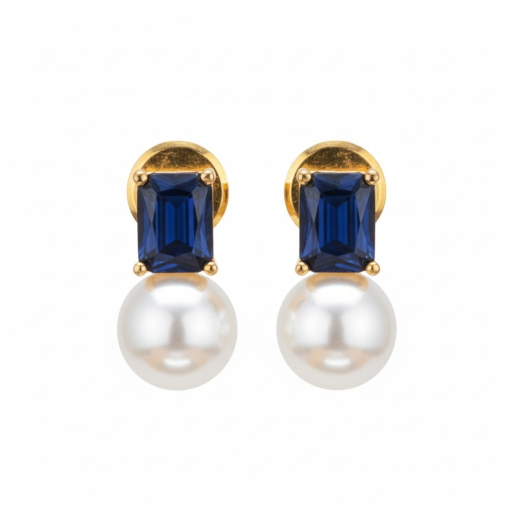 Gold-Plated Navy Blue Crystal & Pearl Stud Earring