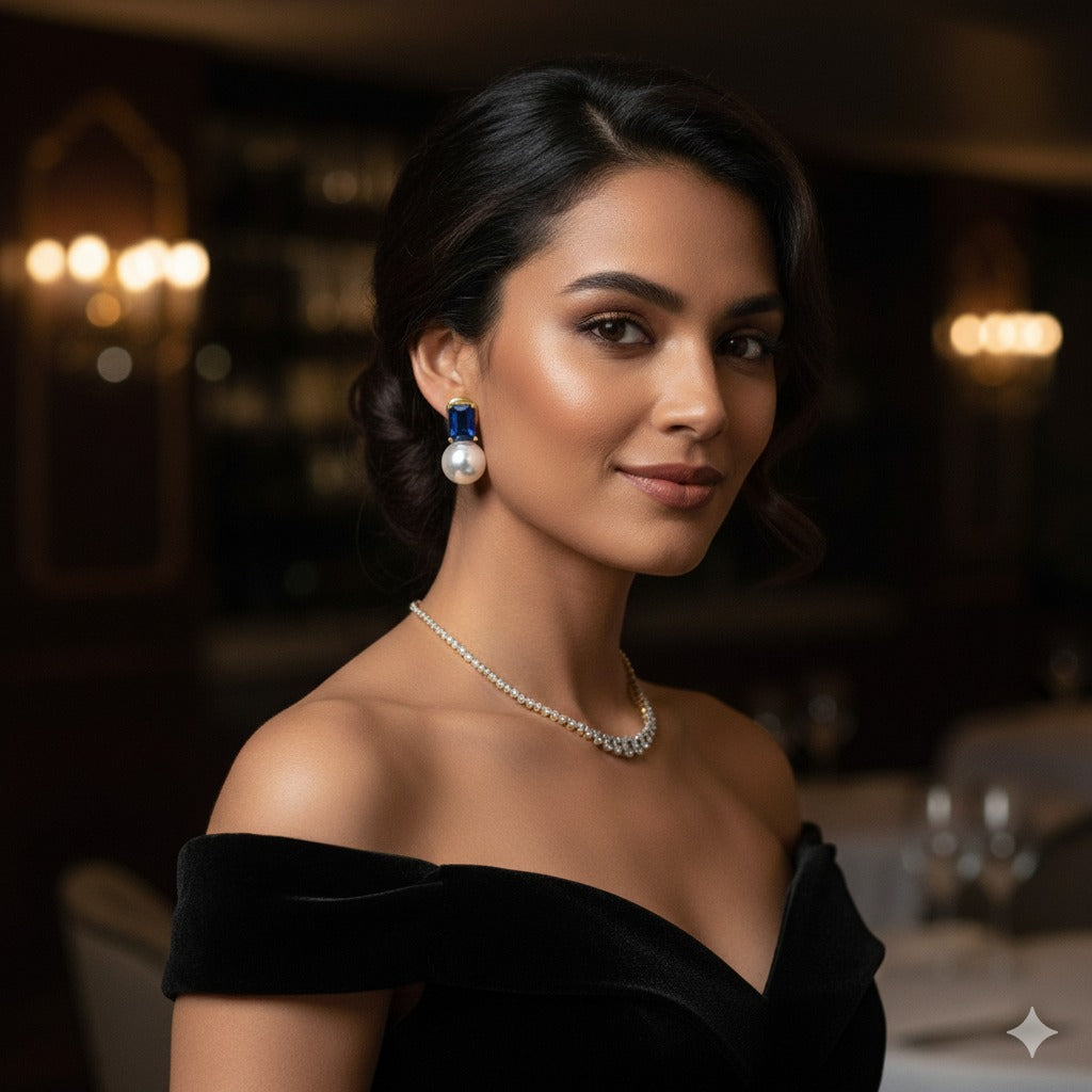 Gold-Plated Navy Blue Crystal & Pearl Stud Earring