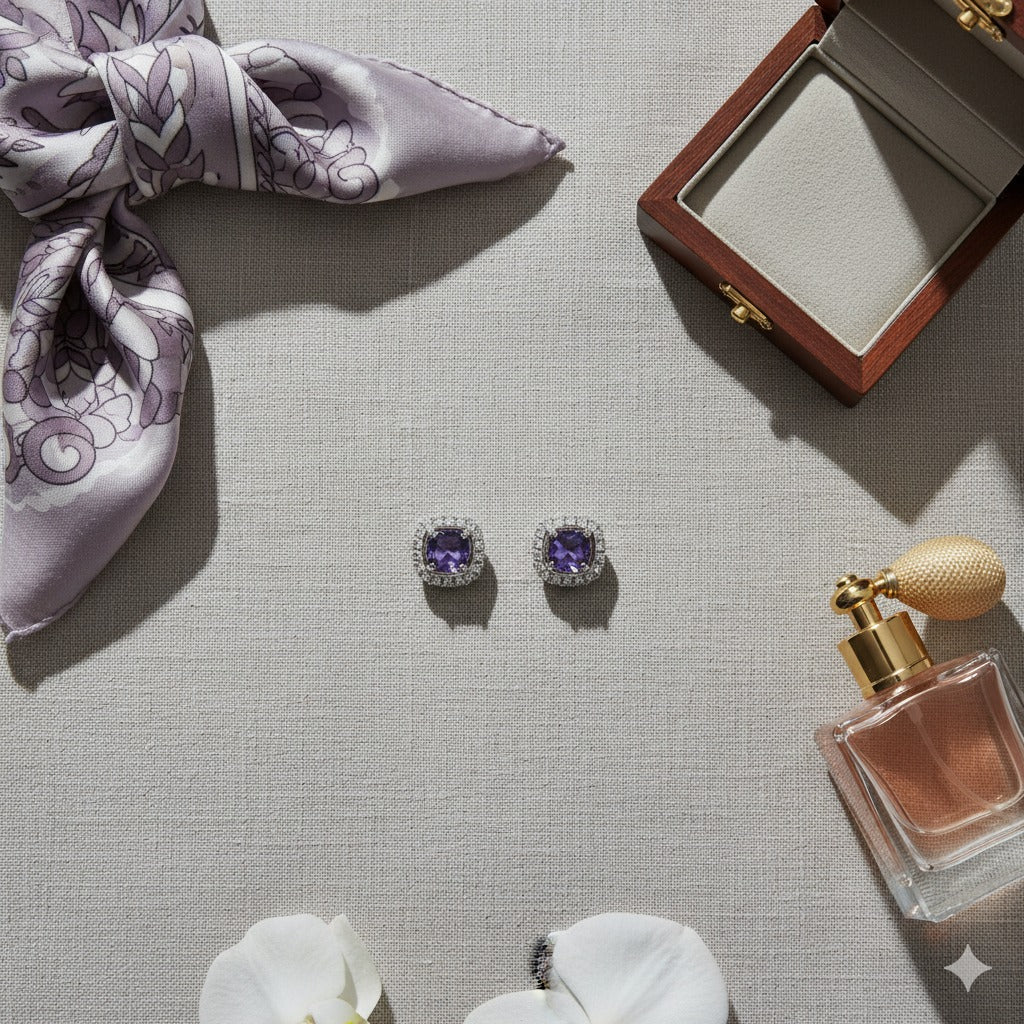 Silver-Toned Violet Crystal Halo Stud Earring