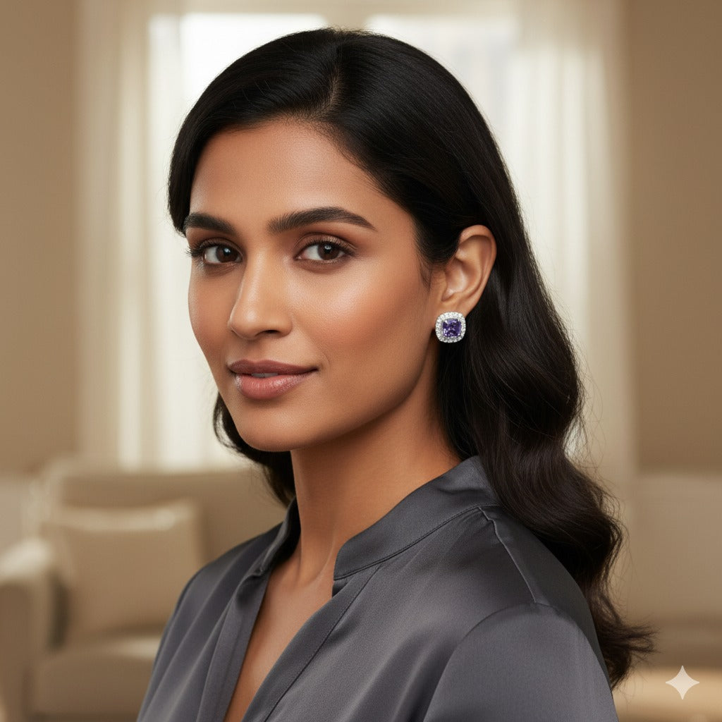 Silver-Toned Violet Crystal Halo Stud Earring