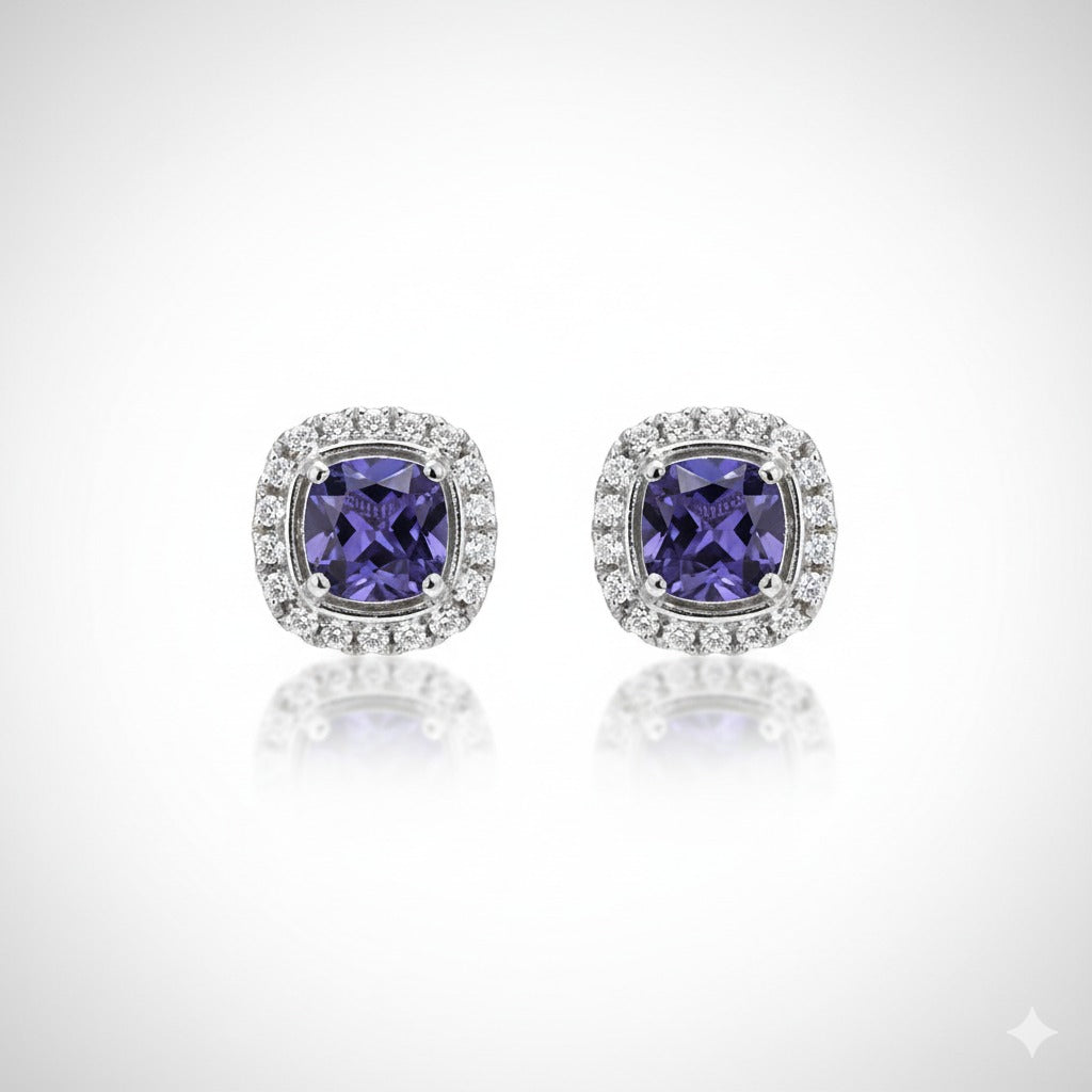 Silver-Toned Violet Crystal Halo Stud Earring