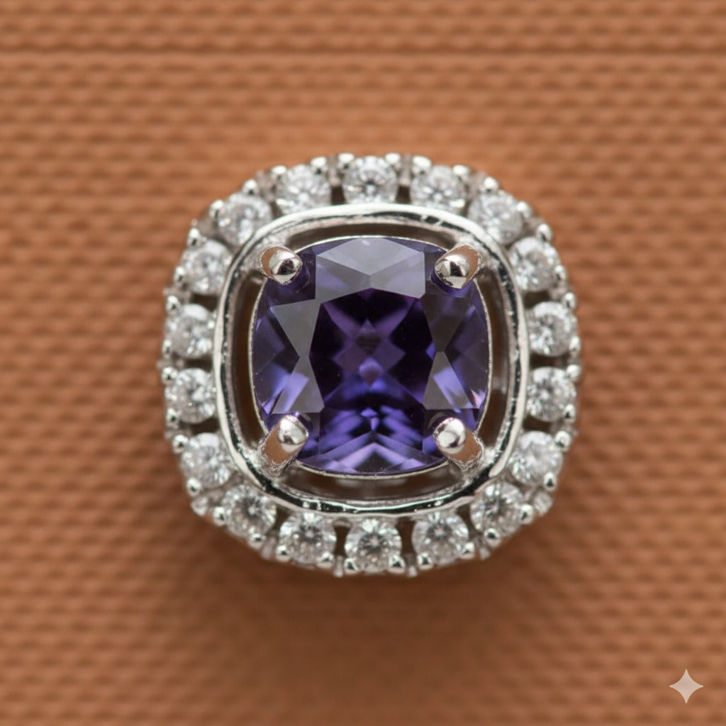 Silver-Toned Violet Crystal Halo Stud Earring
