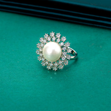 Silver-Toned Pearl & Crystal Halo Statement Ring