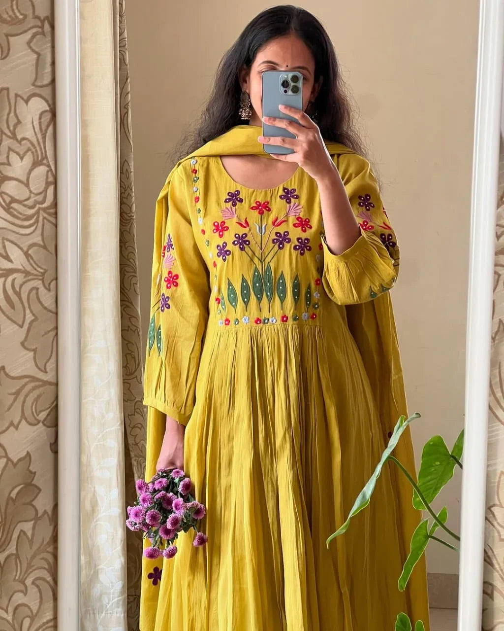 Mustard Yellow Embroidered Anarkali Kurta Set with Dupatta