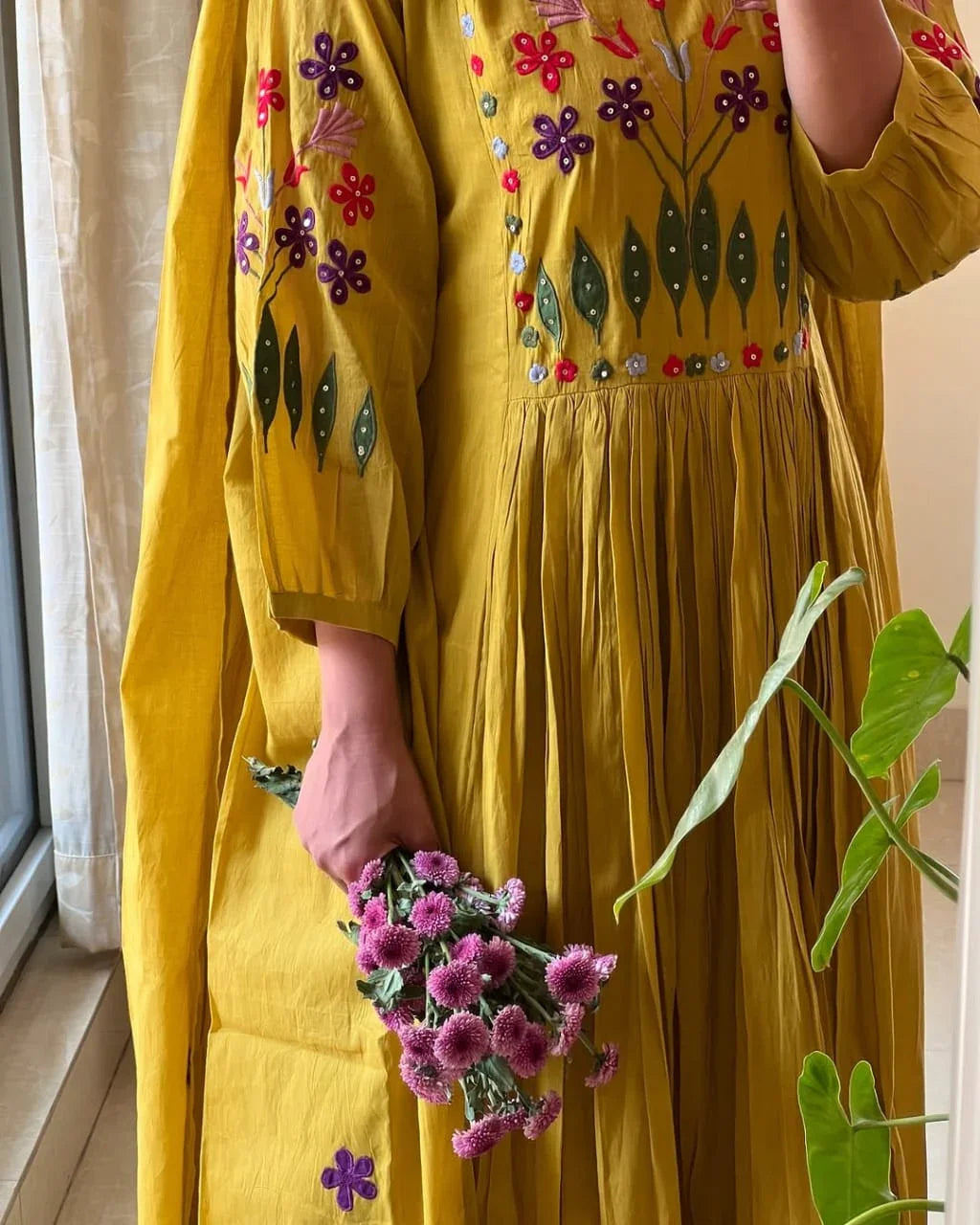 Mustard Yellow Embroidered Anarkali Kurta Set with Dupatta