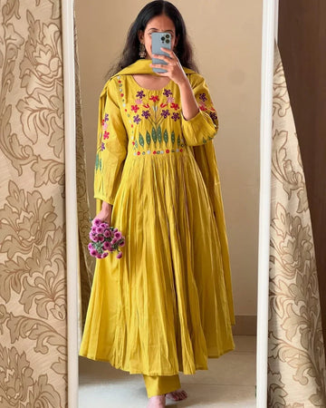 Mustard Yellow Embroidered Anarkali Kurta Set with Dupatta