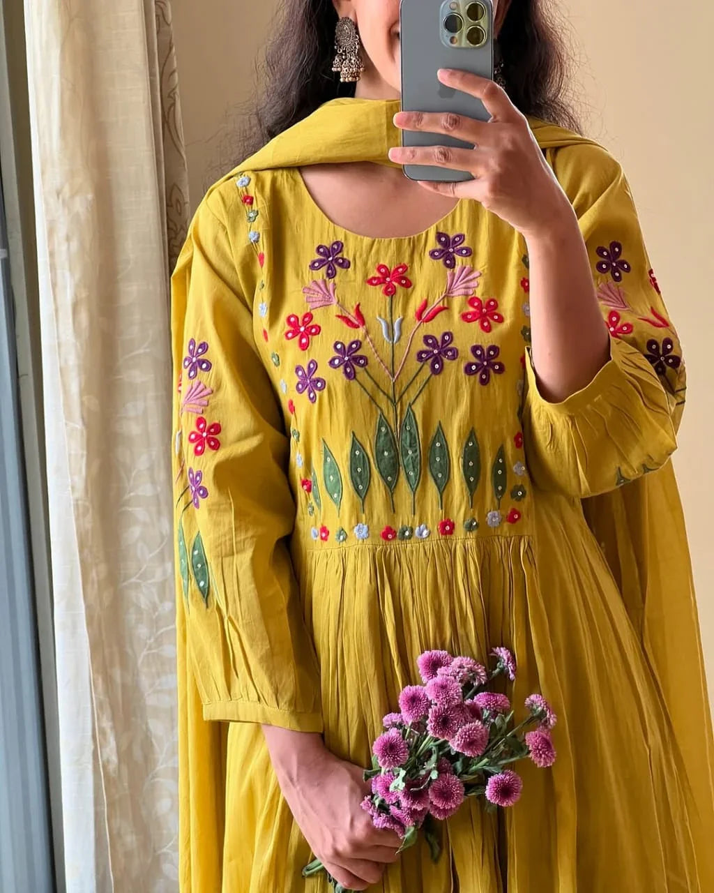 Mustard Yellow Embroidered Anarkali Kurta Set with Dupatta