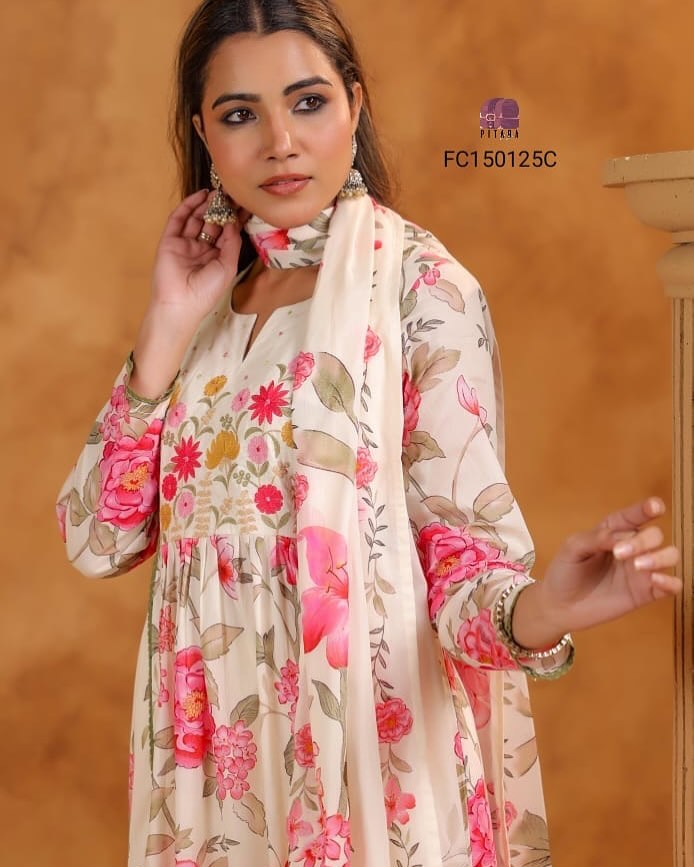 Ivory Pink Floral Cotton Salwar Suit Set